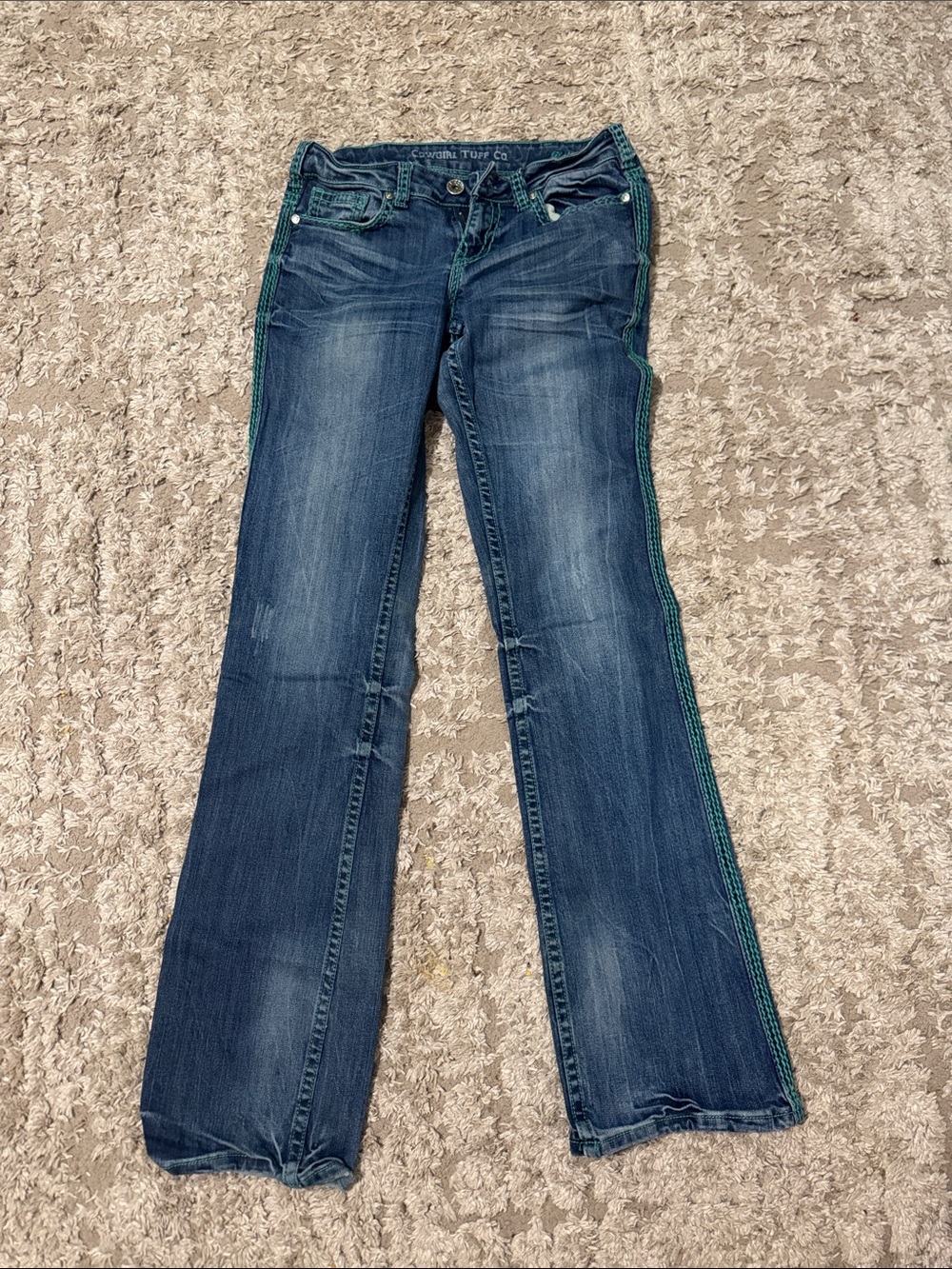 Cowgirl Tuff Women's Dark Blue Flare Jeans with Green Side Stitching